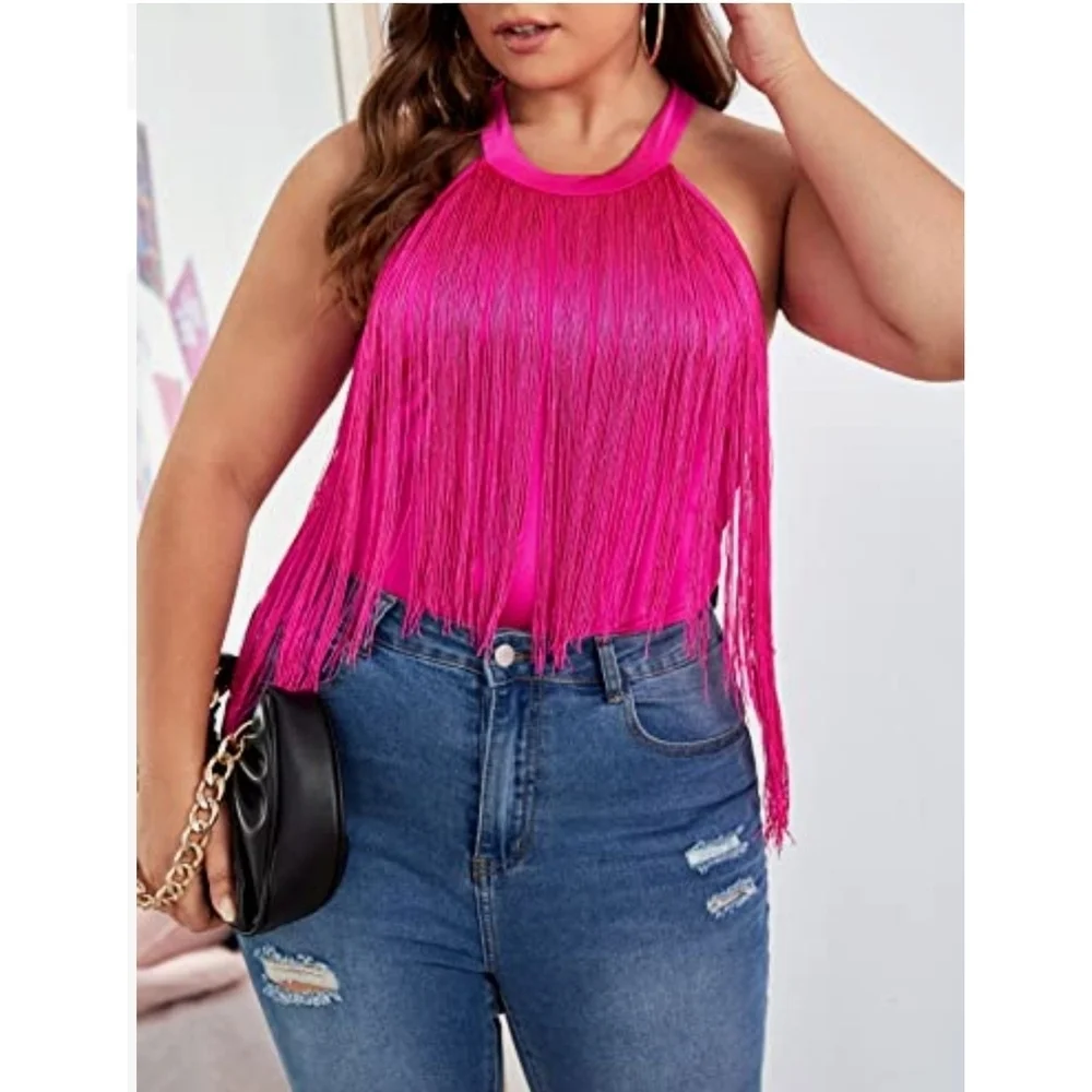 WDIRARA - Large (0XL) Vibrant Pink Fringe Halter Top Bodysuit - Picture 1 of 8